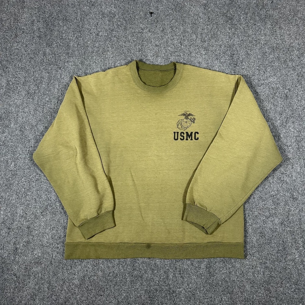 Vtg 80s USMC Sweatshirt Mens Large Made in USA Marine Corps Olive Green #2673